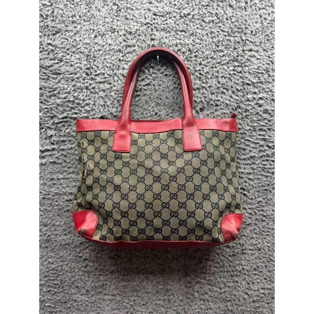 Vintage Gucci GG Monogram Canvas Leather Trim Zippered Tote Bag 10" x 13"